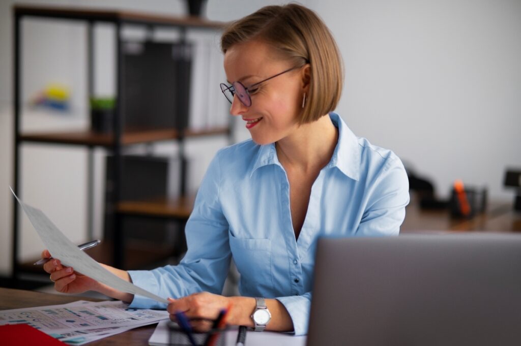 front-view-woman-working-as-economist